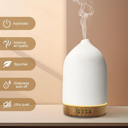 Essential Oil Diffuser Humidifiers,Aromatherapy Diffuser, Ceramic Wood Grain Diffusers for Oils,7-Color Night Light Aroma Home,Office and Trip(100Ml)-White