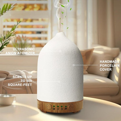 Essential Oil Diffuser Humidifiers,Aromatherapy Diffuser, Ceramic Wood Grain Diffusers for Oils,7-Color Night Light Aroma Home,Office and Trip(100Ml)-White