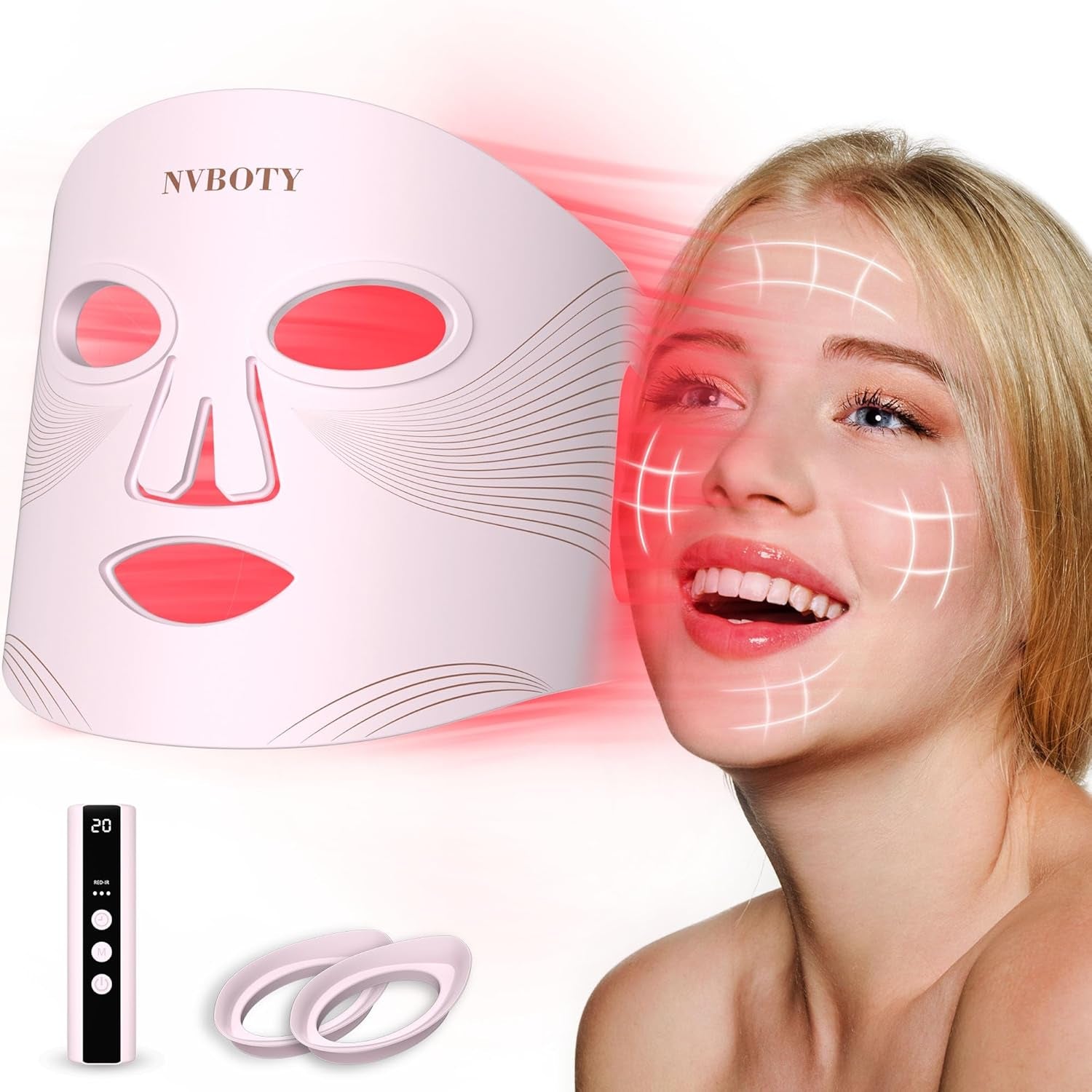 LED Face Mask Light Therapy, 4 Modes Portable Red Light Therapy for Face with 2000Mah Rechargeable Remote, Blue, Orange, 850NM Infrared & Red Light Mask, 400 Leds for Anti-Aging, at Home