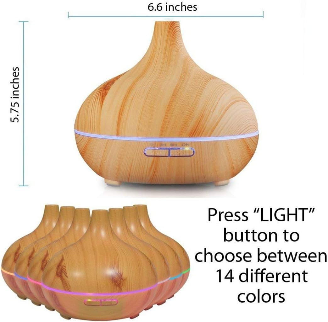 Aroma Essential Oil Diffuser,  500Ml Wood Grain Ultrasonic Cool Mist Whisper-Quiet Humidifier with Color LED Lights Changing & 4 Timer Settings, with Remote Control (Brown)